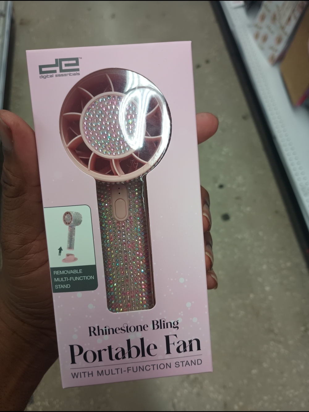 Essentials Pink Rhinestone Portable Handheld Fan with Stand